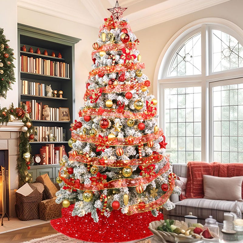 PATYDEST Red Merry Christmas Tree Skirt 36 Inches Round Velvet Xmas Trees Skirts Embroidered Sequin Tree Skirts Shimmer Christmas Trees Floor Mat Glitter Xmas Skirt Tree Ornaments for Winter Holiday - Image 4